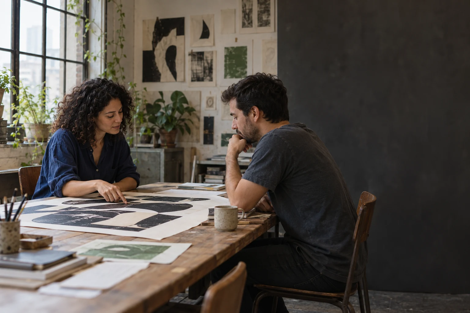 Dois adultos colaborando em um ateliê criativo