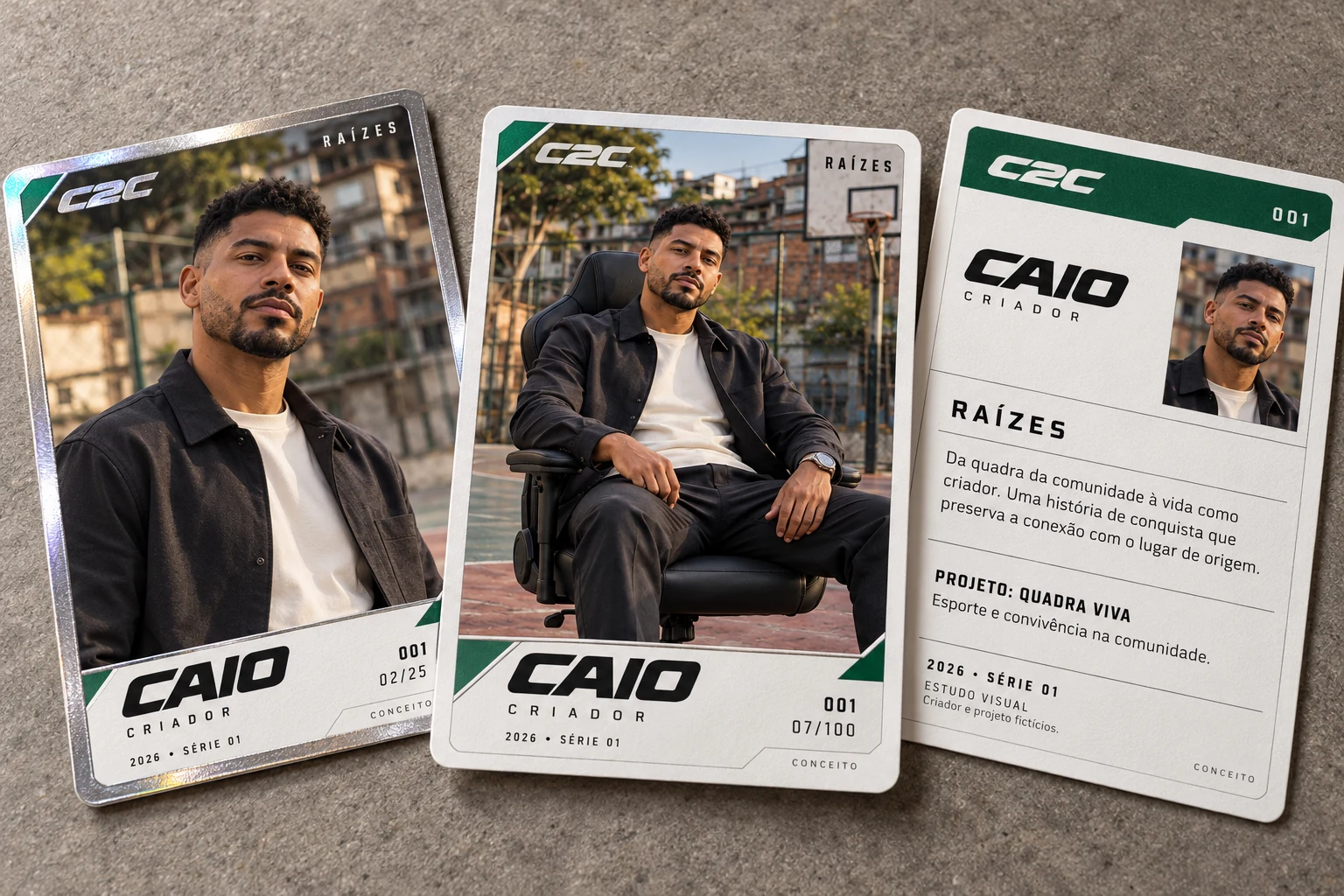 Duas frentes fotográficas de Caio e um verso com história e projeto ilustrativos da coleção Raízes