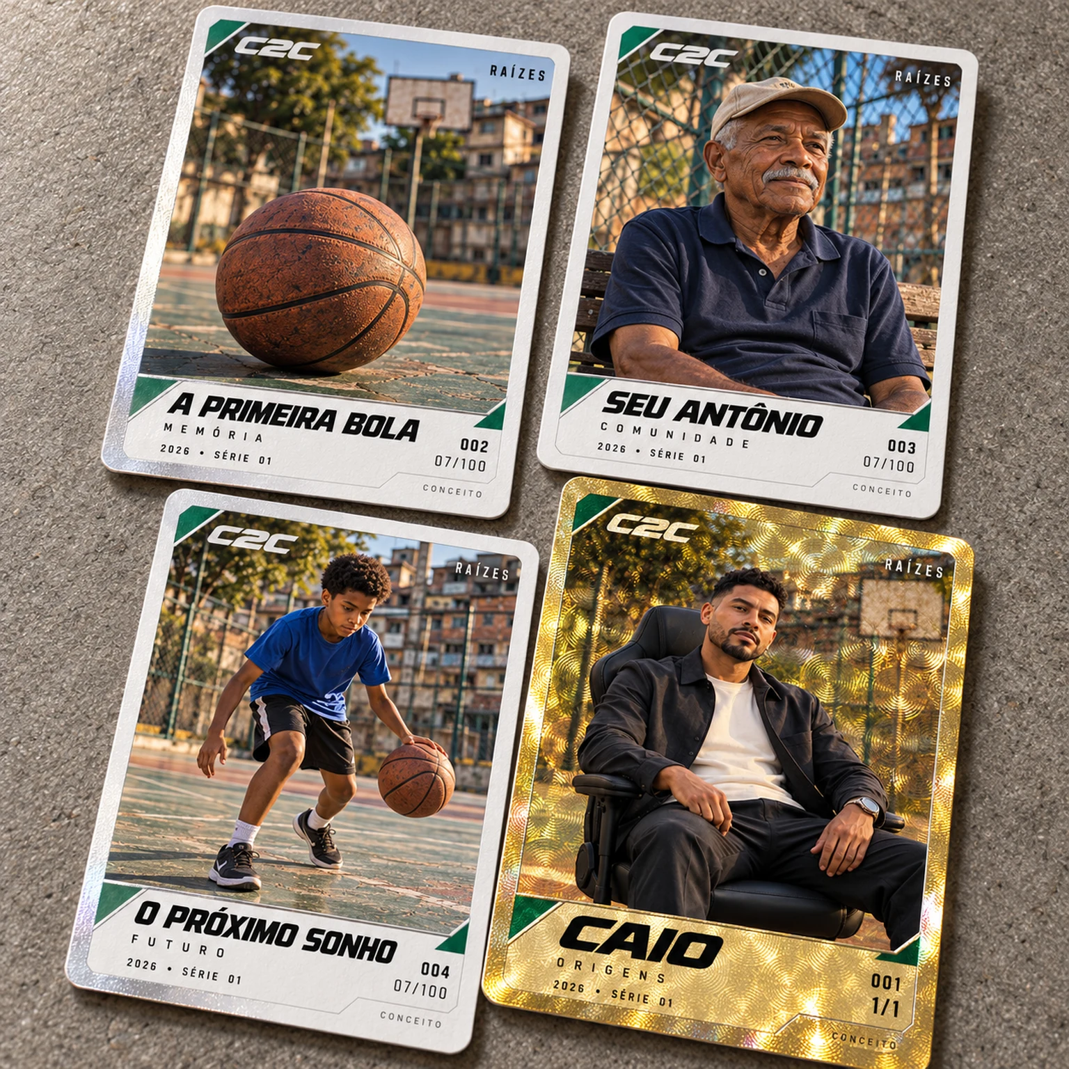 Quatro cards do conceito Raízes: A Primeira Bola, Seu Antônio, O Próximo Sonho e Caio